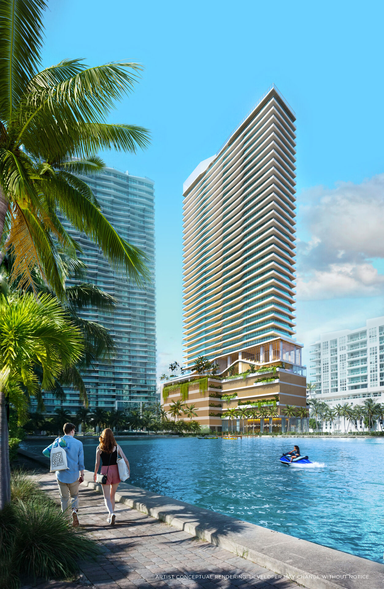 Cove Miami, the tower exterior with people in the foreground, developer rendering